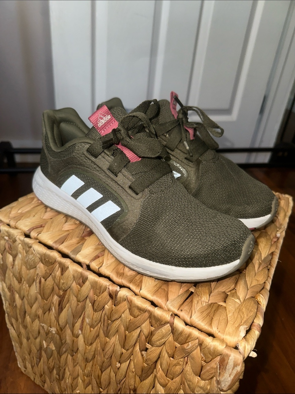 adidas Olive Green Athletic Sneakers with Pink Accents